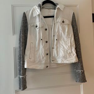 Free People Knit Sleeve Distressed Denim Jacket